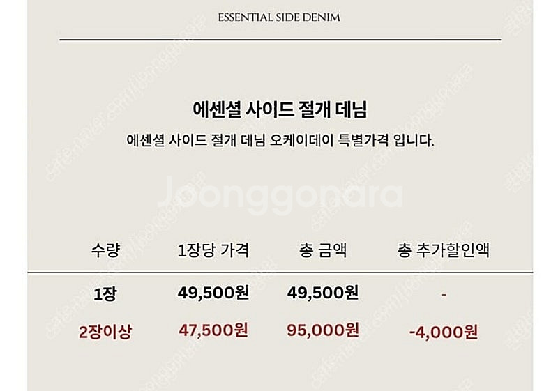 에센셜 사이드 절개 데님(흑청) XL사이즈, 5kpla...--2