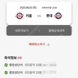 6월 3일(화) 롯데 vs 키움 중앙상단석 4연석 통로석