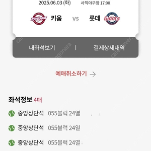 6/3 롯데 vs 키움 중앙상단 2연석,4연석 티켓 판매합니다.