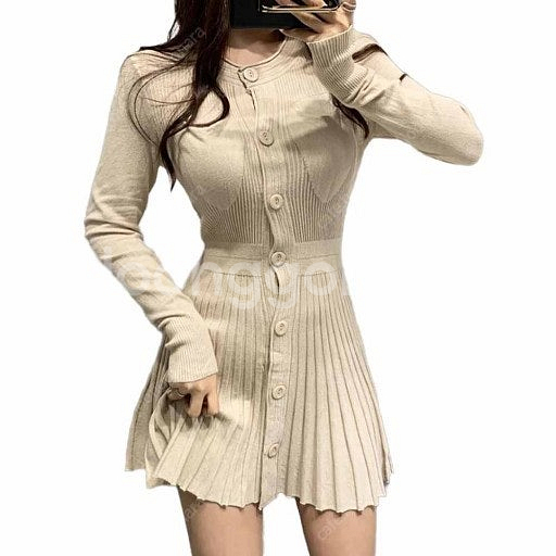 플레어 니트 슬림핏 미니 원피스 베이지--0