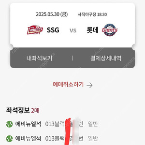 5.31(토) 사직 롯데vsSSG 에비뉴엘석(그라운드석) 2연석 정가양도