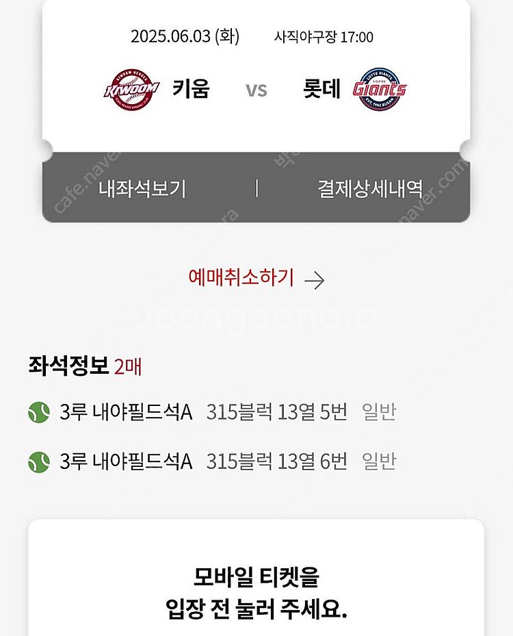 6/3 롯데자이언츠 3루 2연석 315블럭--1