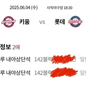롯데자이언츠 6월4일 1루내야상단 2연석