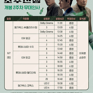 <정가/통로석> 6월7일,8일 소주전쟁 무대인사 A열~ 통로석 양도 코엑스 월드타워 수지 판교 광교 수원AK 상암 영등포 용산