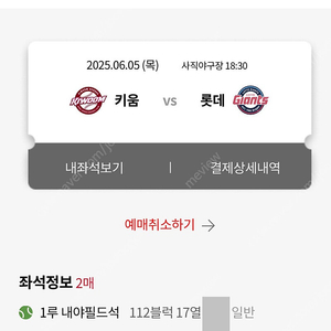롯데자이언츠 6월5일(6/5) 1루내야필드 112블럭 2연석