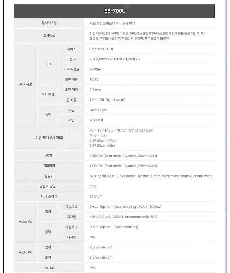 [엡손] 초단거리 투사방식! WUXGA 레이저 중고빔프...--8