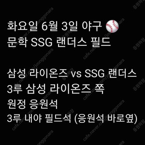 화요일 6월 3일 삼성 라이온즈 SSG 랜더스 삼성 SSG 3루 원정 응원석 3루 내야 필드석 내야 내야석 야구 티켓 표 통로 통로석 원정 응원석 응원 지정석 응지석 2연석 3연석