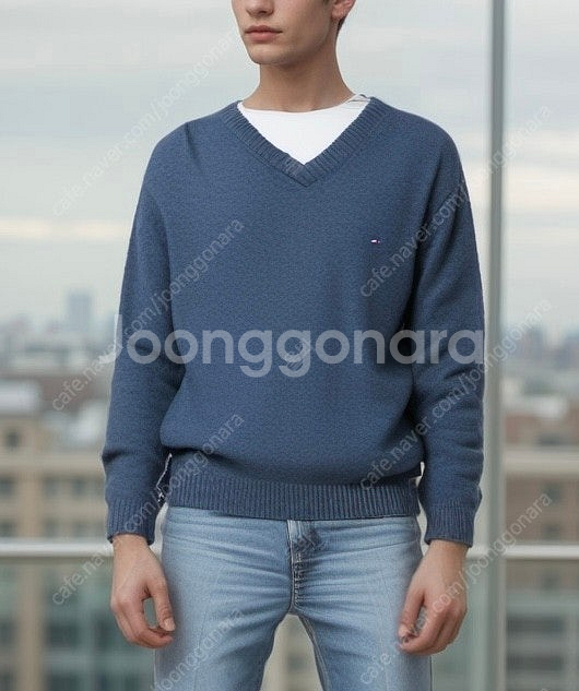 토미힐피거 램스 울 100% V넥 스웨터 니트 네이비 ...--1