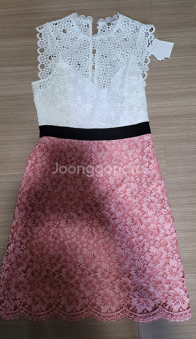 SANDRO 에크루 앤 핑크 투톤 민소매 레이스 원피스...--3