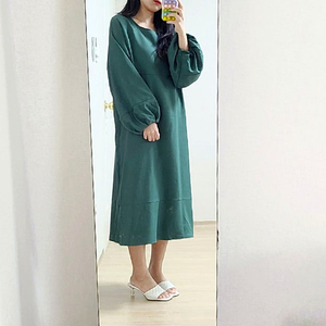 슈라루 청록그린 박시핏 퍼프소매 롱 원피스