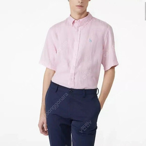 헤지스 남성 23SS populet 핑크 버튼다운 린넨 반팔캐주얼셔츠