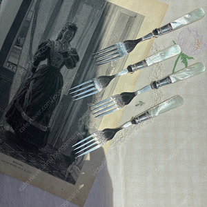 앤틱 실버플레이트 마더오브펄 자개 디저트포크 4p세트