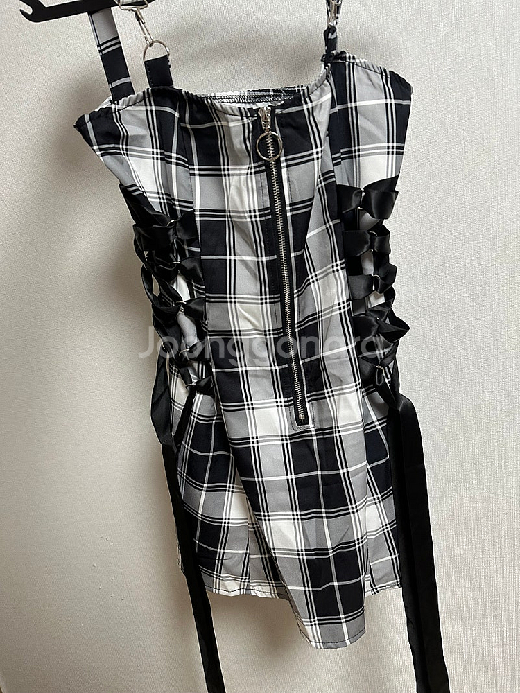 하라주쿠 양산형 멘헤라 지뢰계 양지뢰 체크 미니 원피스--1