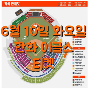 화요일 6월 10일 한화 이글스 두산 베어스 1루 3루 응원단석 내야 지정석 커플석 탁자석 포수 후면석 중앙 지정석 탁자석 외야 지정석 탁자석 밤켈존 잔디 한화 두산 야구 티켓 표