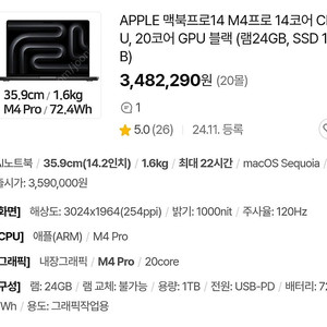 미개봉 맥북프로14 M4 Pro 14코어 CPU 20코어 GPU 블랙 SSD1TB RAM24 MX2J3KH MX2J3KH/A 295만원