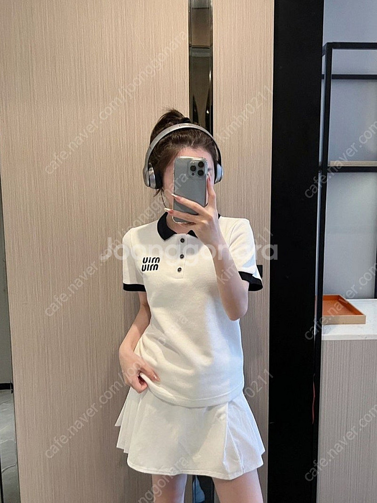 MIU 미우 배색 피케 카라티셔츠--0