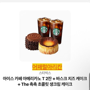 스타벅스아이스 카페 아메리카노 T 2잔 + 바스크 치즈 케이크 + The 촉촉 초콜릿 생크림 케이크