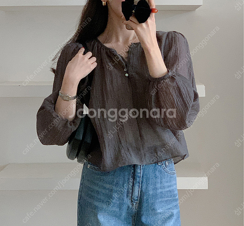 러빈데어 셔링 블라우스 브라운-골드, 민트--1