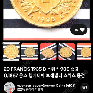 헬베티아 20 FRANCS 1935 B Swiss Gold 주화
