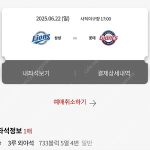 6/22 사직야구장 롯데vs삼성 외야석 유니폼 필요없으신분 !자리만!정가양도