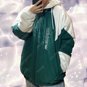 아디다스 아디컬러 올드스쿨 빅로고 후드 누빔 패딩 점퍼 흰초 그린 L