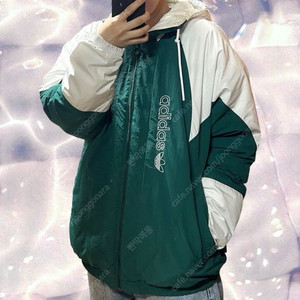 아디다스 아디컬러 올드스쿨 빅로고 후드 누빔 패딩 점퍼 흰초 그린 L