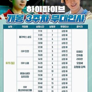 <정가/통로석>6월15일 하이파이브 무대인사 A열 통로석 정가 양도 이재인,안재홍,라미란