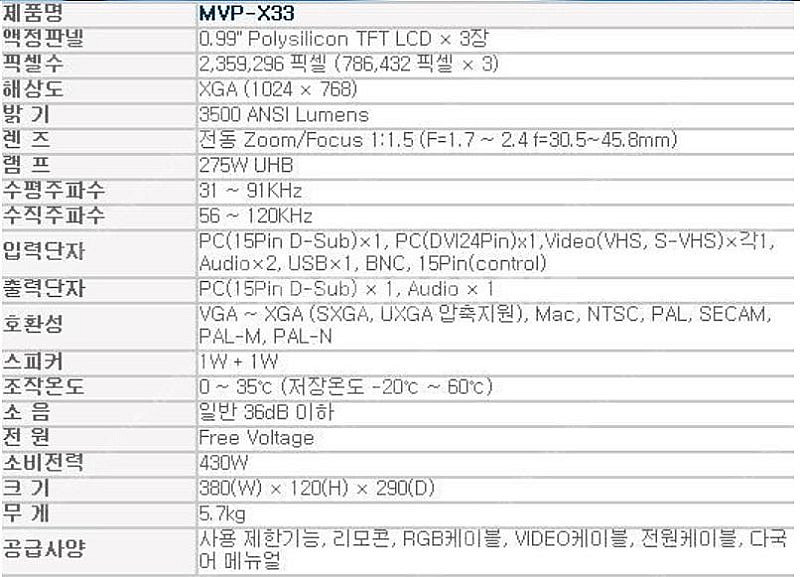 빔프로젝터 3500안시루멘 MVP-X33 신도리코 히다...--7