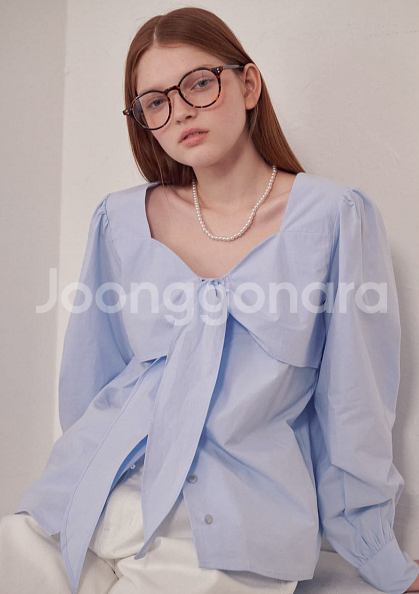 새상품 론론 블루 블라우스/한섬 타임 마인 시스템 띠어...--3