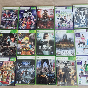 XBOX360 2대(전원 아답터 1), 키넥트 2대, 패드 3대 및 게임 타이틀(15개) 및 주변 기기