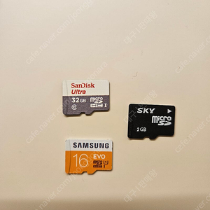 마이크로 sd카드 샌디스크 32gb, 삼성 16gb, sky 2gb 3장 일괄 5천원에 팝니다
