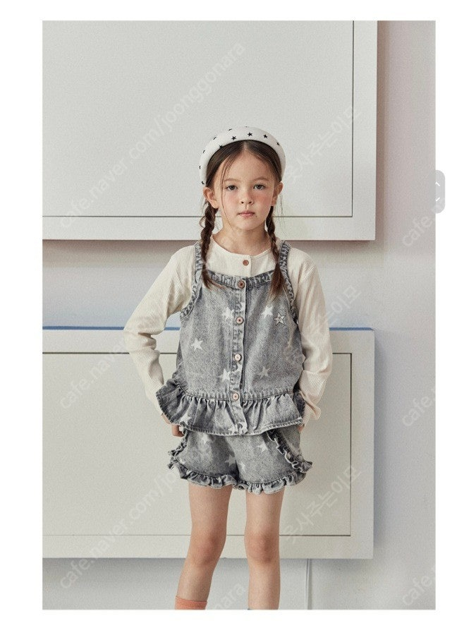 리미떼두두 스타 데님 러플 베스트 팬츠 흑청 XL--1