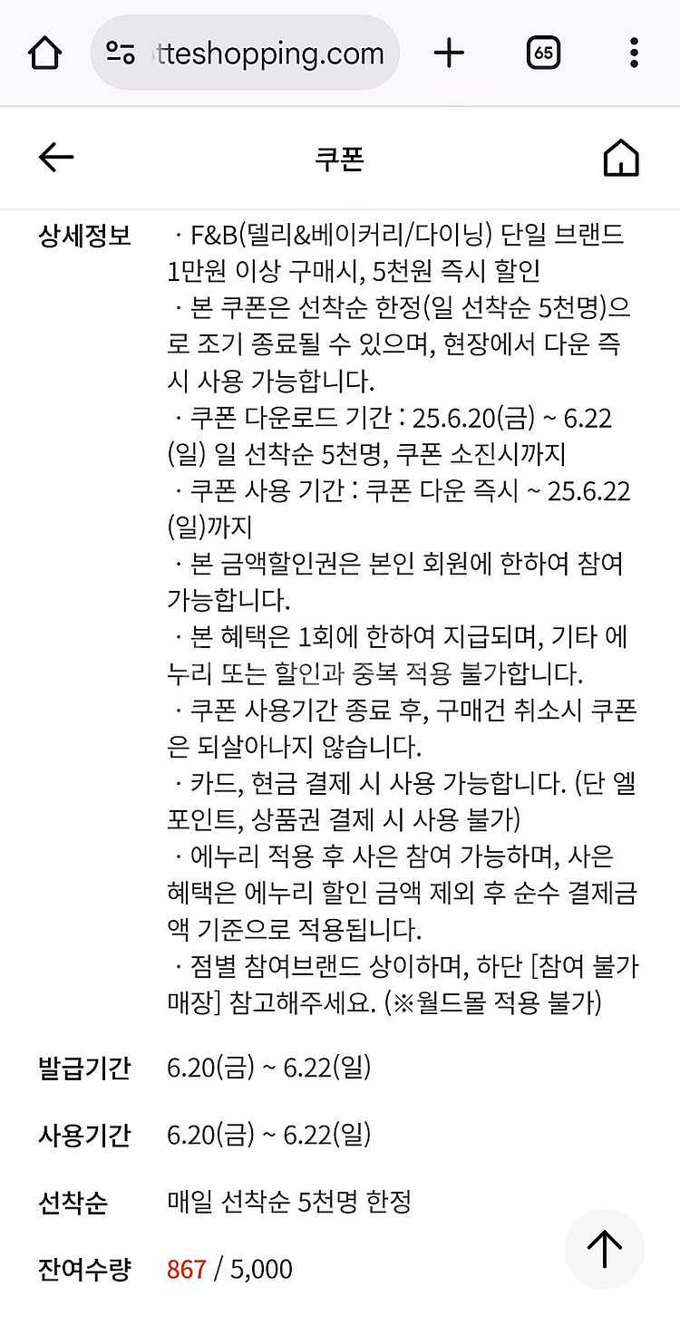 롯데백화점 f&b 쿠폰 만원이상 5천할인 2매 일괄60...--1