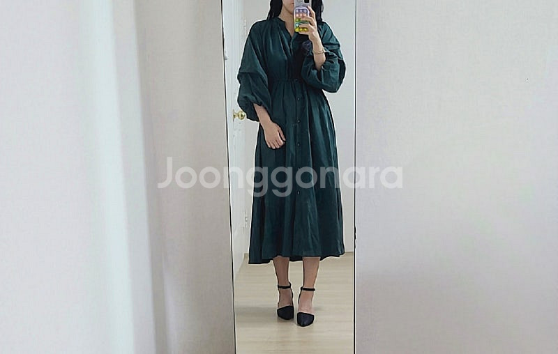 청록그린 퍼프소매 허리밴딩 롱 원피스--0