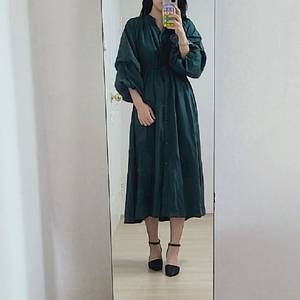 청록그린 퍼프소매 허리밴딩 롱 원피스