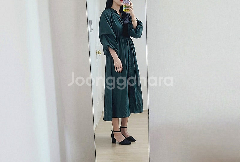 청록그린 퍼프소매 허리밴딩 롱 원피스--1