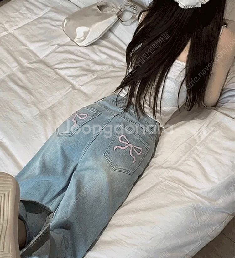 리본 자수 일자 연청 데님 바지--0