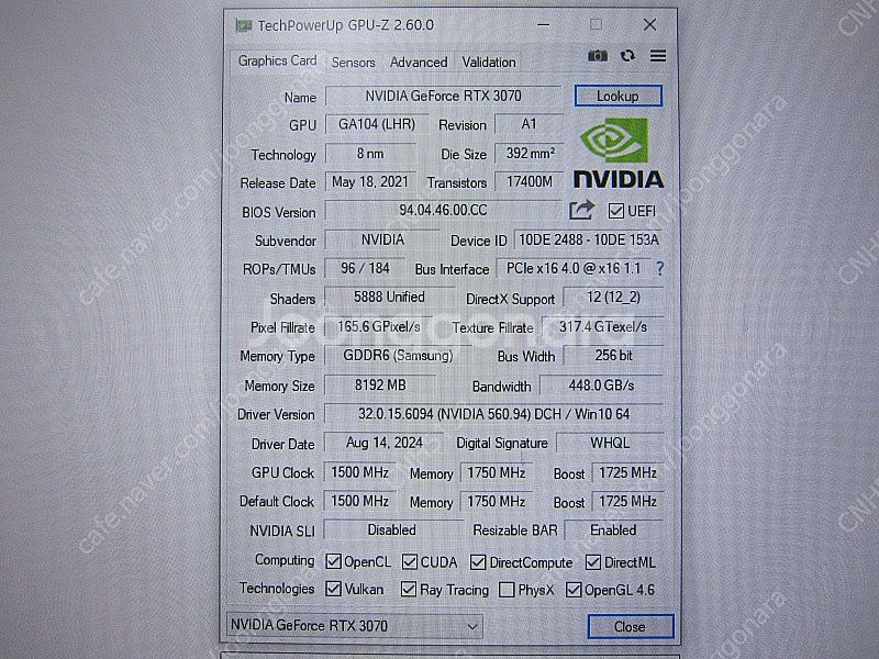 GALAX 지포스 RTX 3070 D6 8GB LHR--3