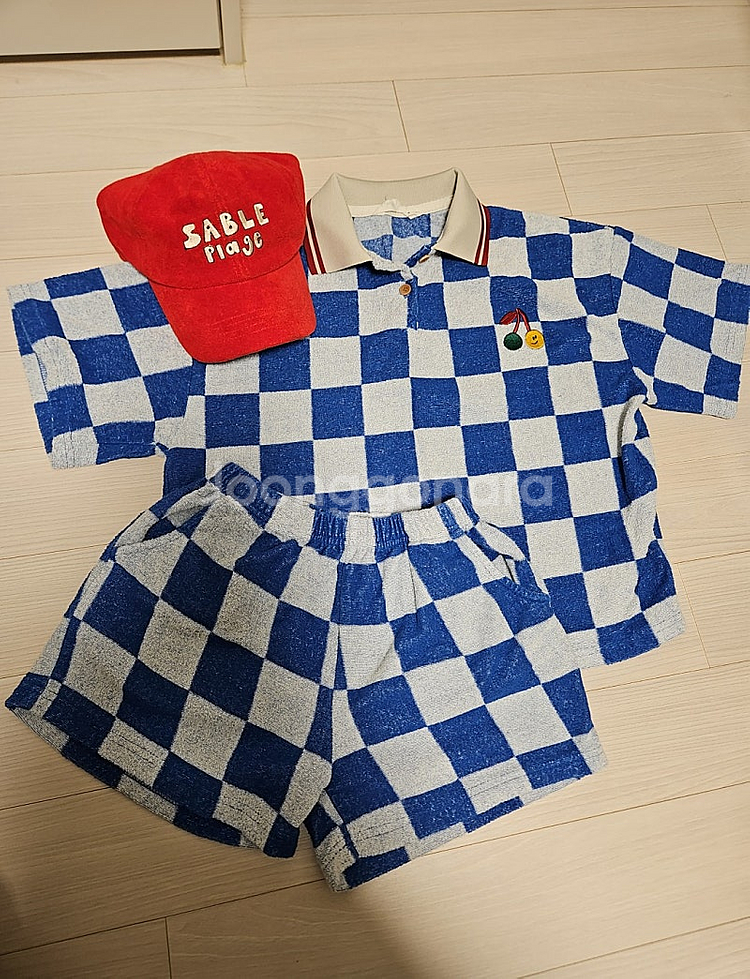리미떼두두 타월체크셋업 파랑 2XL, 모자 M 세트--1