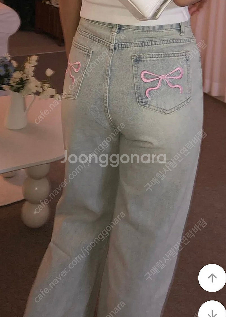 핑크 리본 자수 포인트 연청 데님--0
