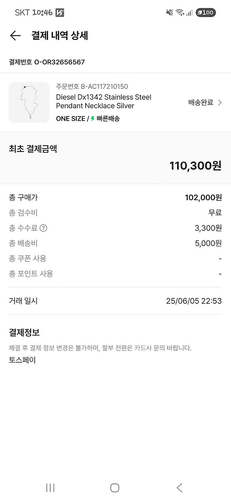 디젤 Dx1342 스테인리스 스틸 팬던트 네클리스 실버--2