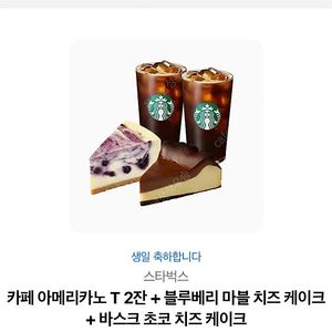 스타벅스 카페 아메리카노 T 2잔 + 블루베리 마블 치즈 케이크 + 바스크 초코 치즈 케이크