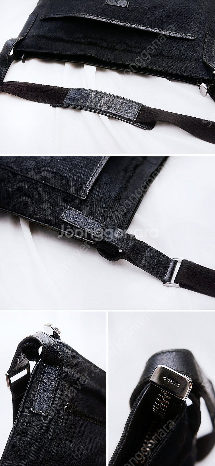 구찌 (GUCCI) GG 블랙 모노그램 캔버스 레더 숄...--4