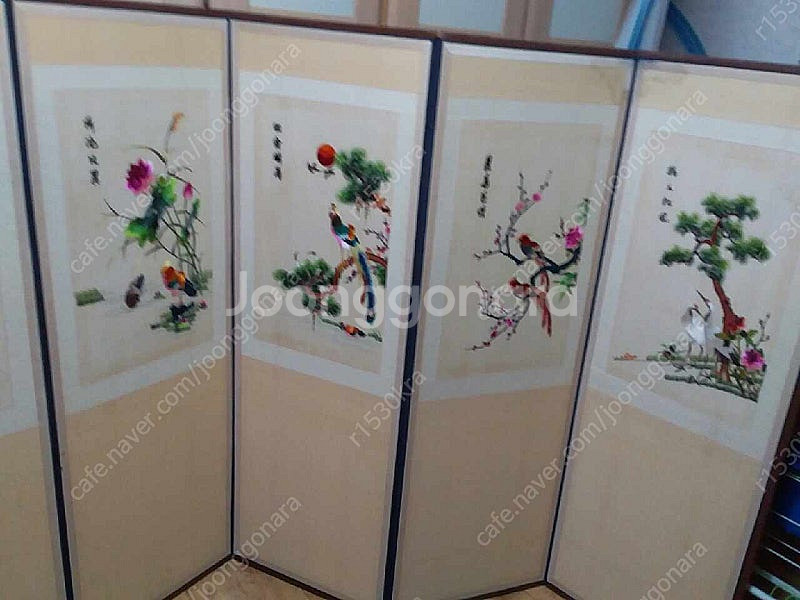 화조도 자수병풍 8폭--1