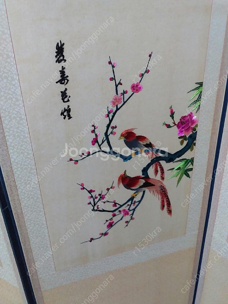 화조도 자수병풍 8폭--3