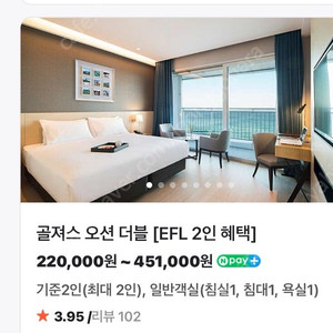 강릉 세인트존스 호텔 객실 숙박권 판매합니다. 골져스 오션 트윈 (EFL 라운지 2인 혜택까지 있어요)
