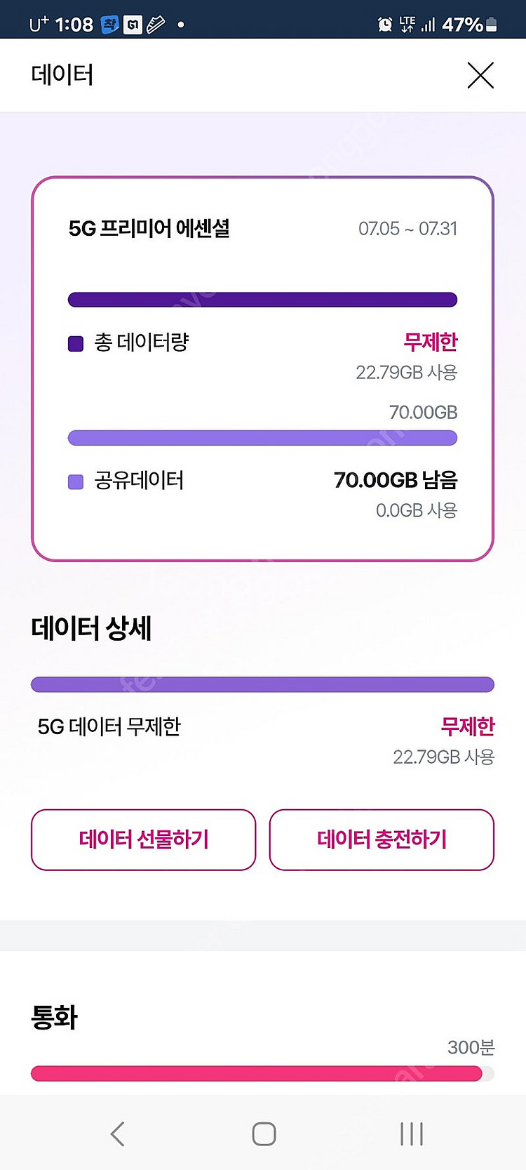 LGU+ 데이터 2기가 2500원에 팜니다--0