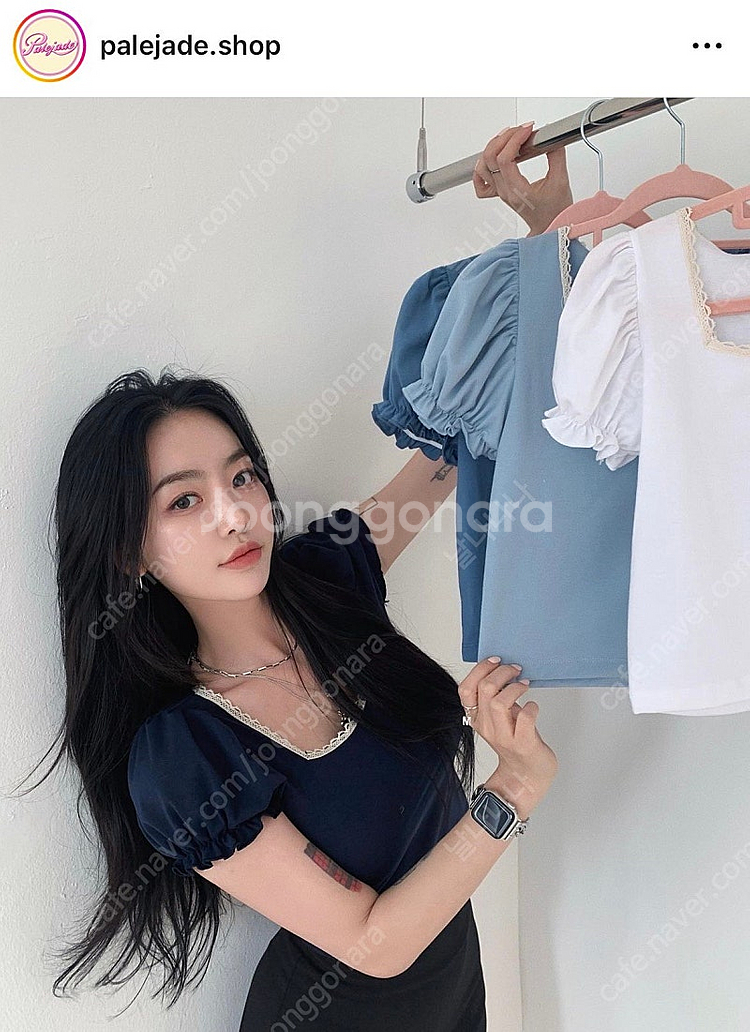 *새상품* 페일제이드 레이스 퍼프 반팔 크롭티: 네이비--0