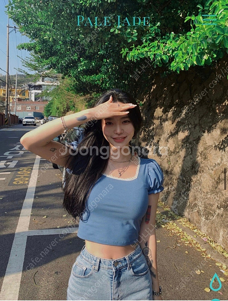 *새상품* 페일제이드 레이스 퍼프 반팔 크롭티: 네이비--1