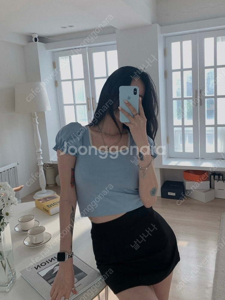 *새상품* 페일제이드 레이스 퍼프 반팔 크롭티: 네이비--7